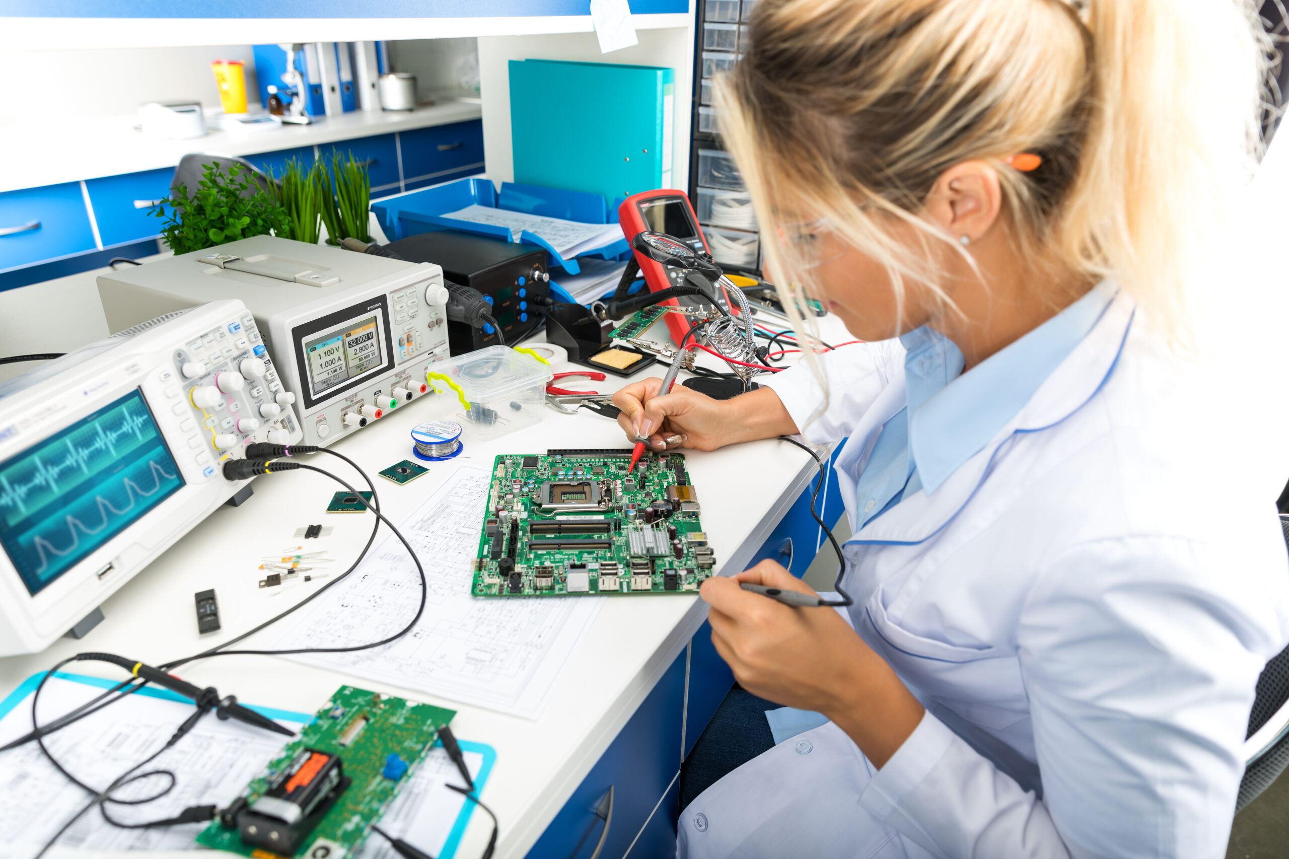 Young attractive female digital electronic engineer testing computer PC motherboard in laboratory